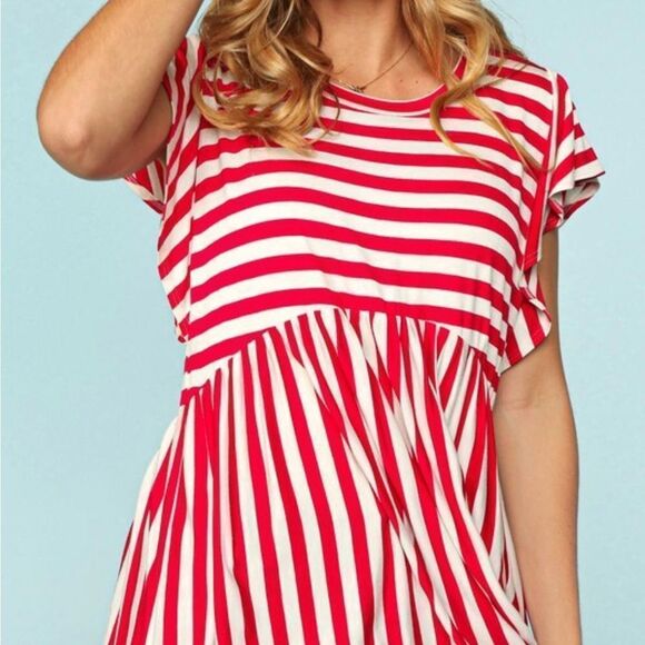 NEW! Red & Ivory Striped Babydoll Top - Picture 2 of 5